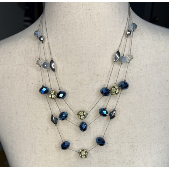 Blue and Clear Glass Faceted Multi-Strand Necklace Silver Tone 22”- 25" Vintage - Picture 2 of 10